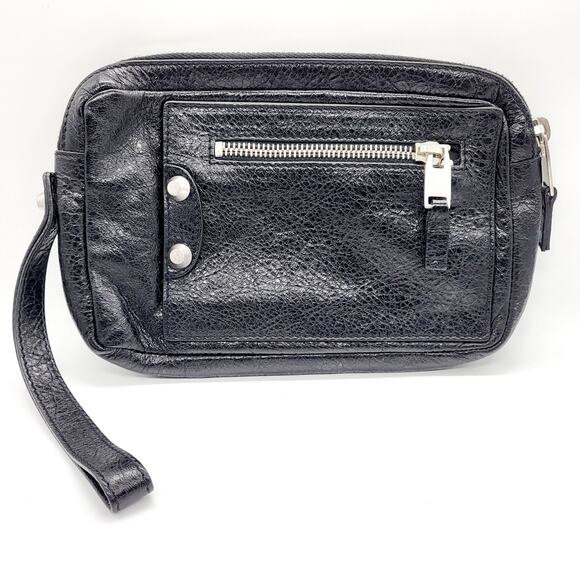 Vintage BALENCIAGA PARIS Motocross Black Leather Wristlet #285904 Made in Italy - Picture 1 of 11